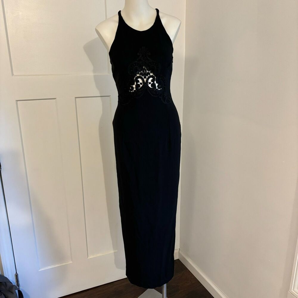 Jessica McClintock Gunne Sax High Neck Crochet Cutout Black Maxi Dress 3/4